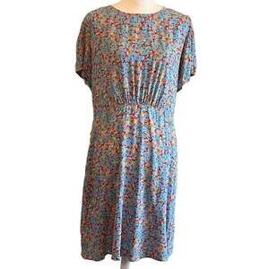 LOFT Size 18 Light Blue Ditsy Floral Midi Dress with Flutter Sleeves and V-Back.